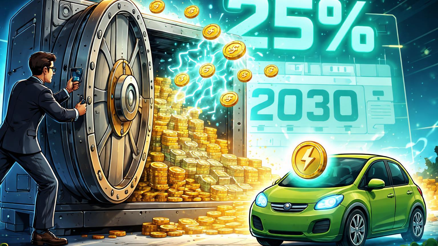 Oficial cartoon abrindo cofre nacional liberando 25% em tokens digitais para carro elétrico, simbolizando plano da Coreia do Sul até 2030