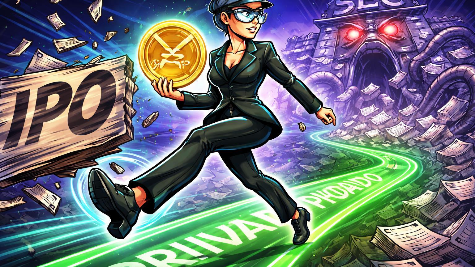 Executiva cartoon chutando placa IPO para longe enquanto guia token XRP por caminho privado, escapando de labirinto SEC bullish