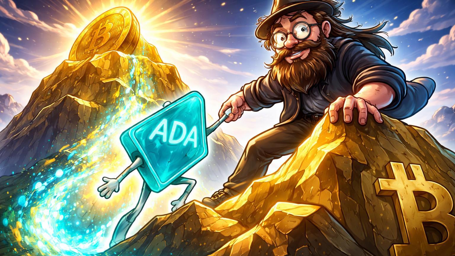 Personagem cartoon visionário com barba guiando prisma ADA a novo pico de montanha Bitcoin dourada, simbolizando previsão de rally impulsionado por Hoskinson