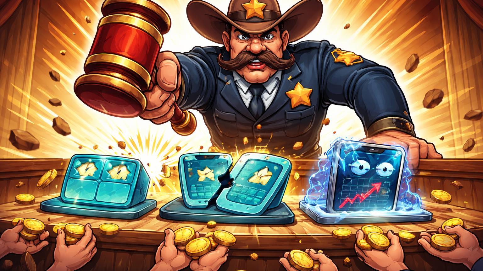 Xerife cartoon batendo martelo sobre plataformas prediction markets cartoon, com moedas reembolsando usuários, simbolizando repressão regulatória em Tennessee