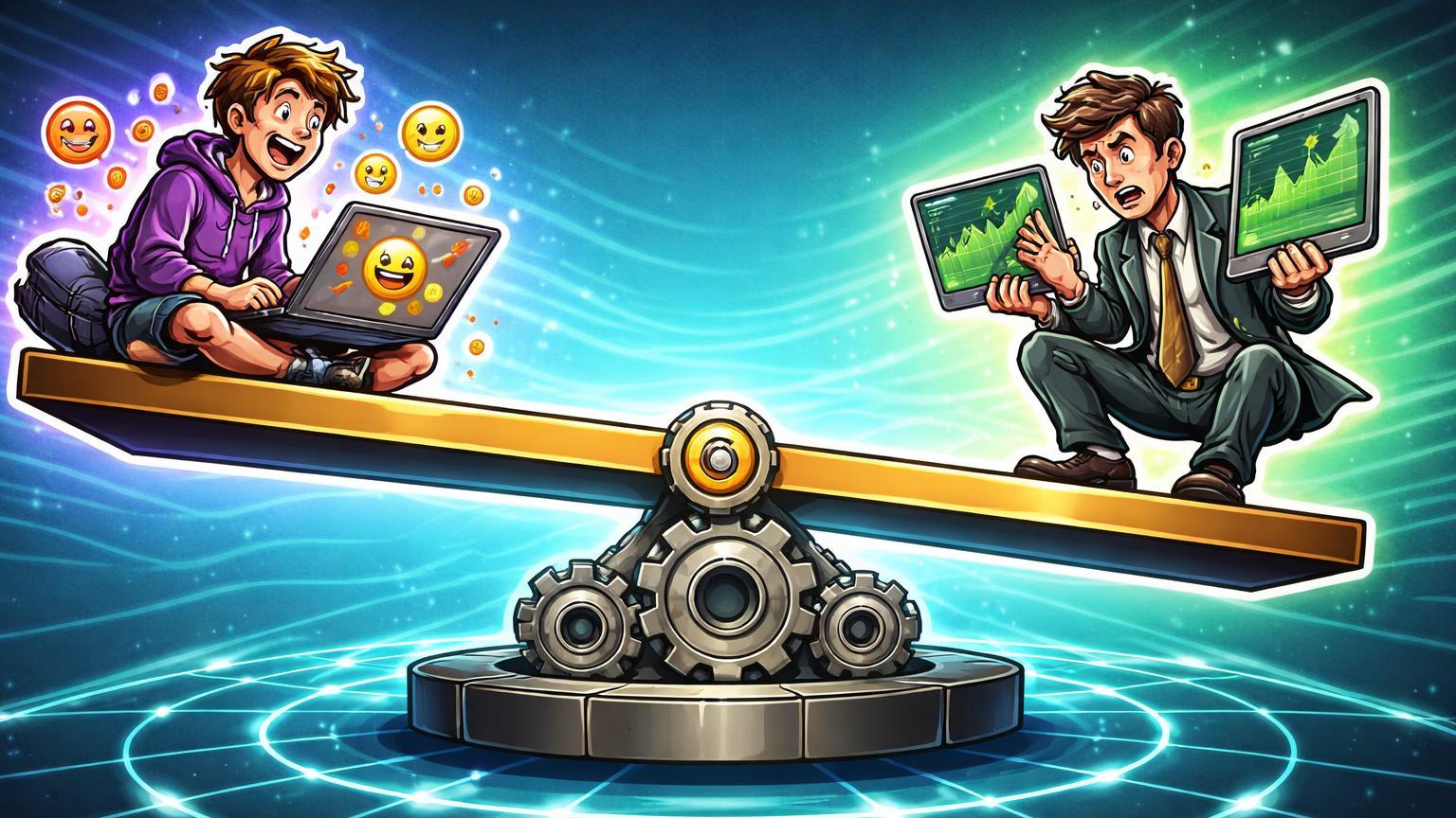 Personagens cartoon de criador meme e trader em gangorra equilibrada sobre rede Solana, simbolizando ajustes de fees no Pump.fun