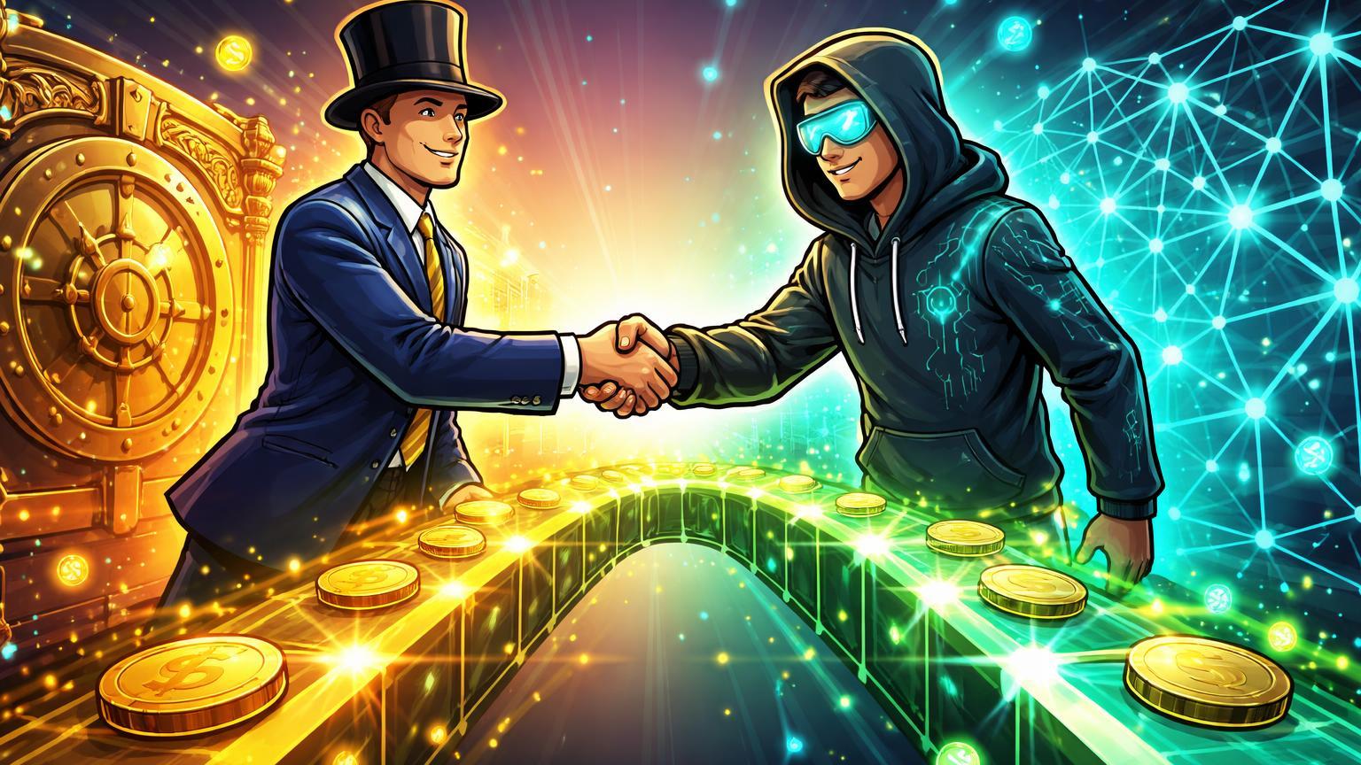 Executivos cartoon TradFi e cripto apertando mãos sobre ponte tokenizada conectando cofre a rede digital, sinalizando adoção pelo BNY Mellon