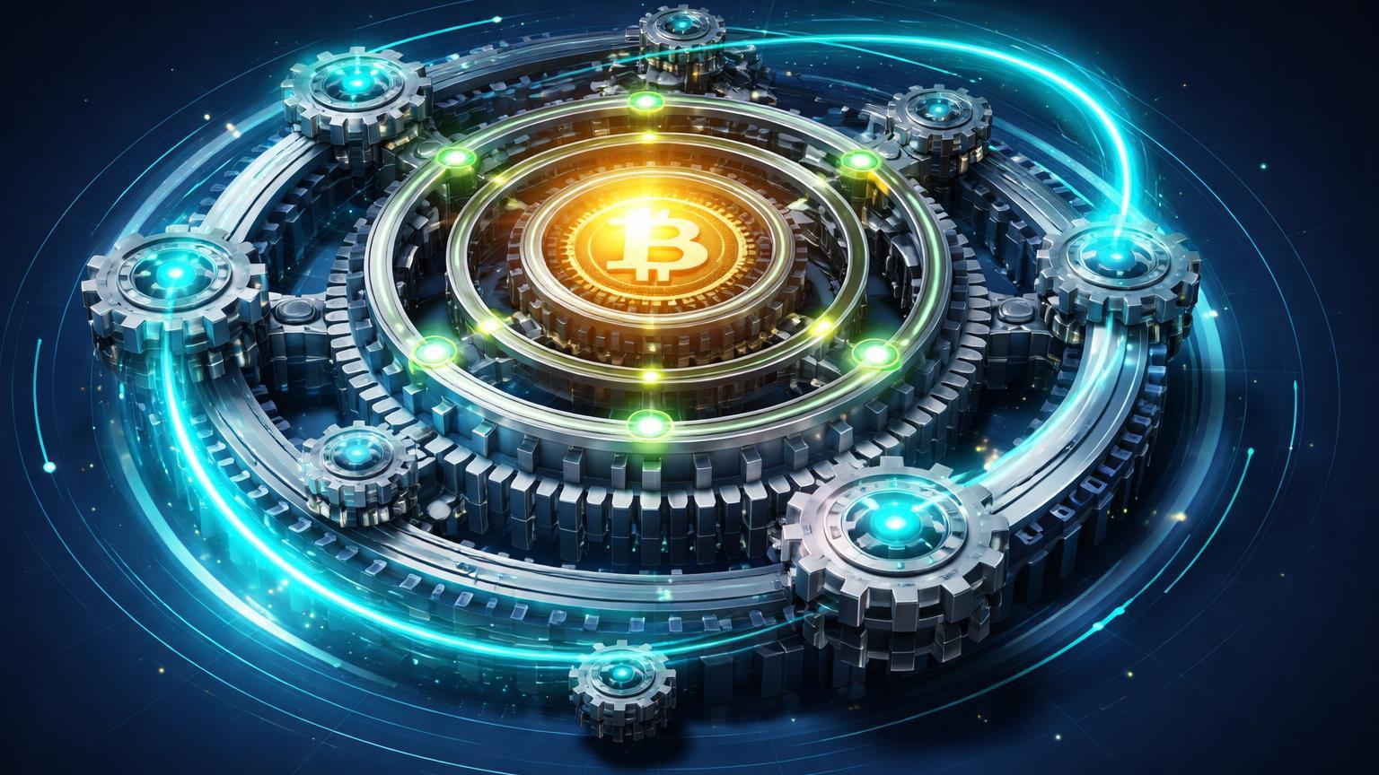 Mecanismo isométrico de engrenagens cíclicas girando com núcleo dourado e fluxos cyan, ilustrando ciclos de 4 anos persistentes do Bitcoin