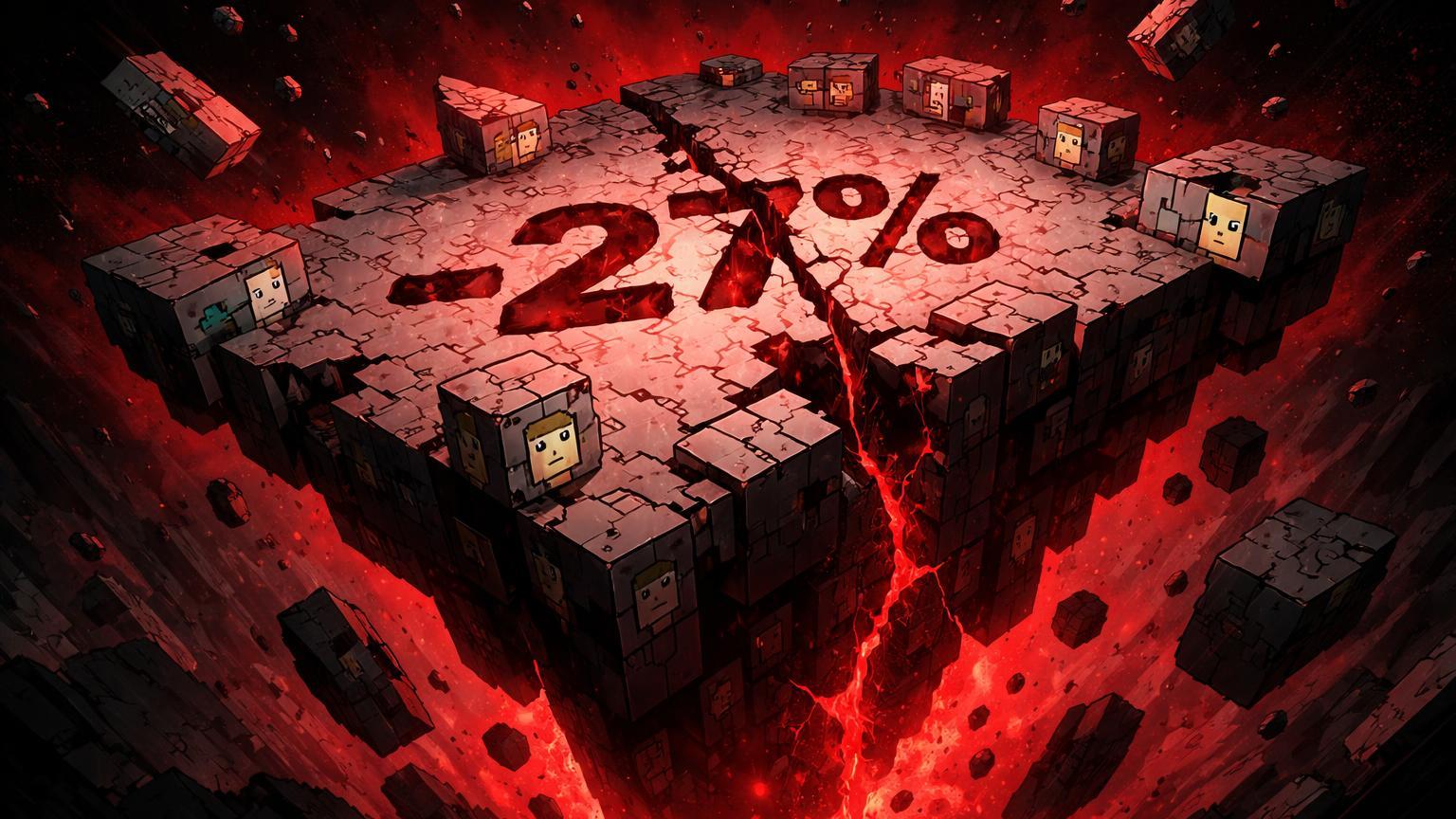 Plataforma de blocos NFT pixelados rachando e fragmentando para o abismo, com -27% gravado, simbolizando crash nas vendas do mercado