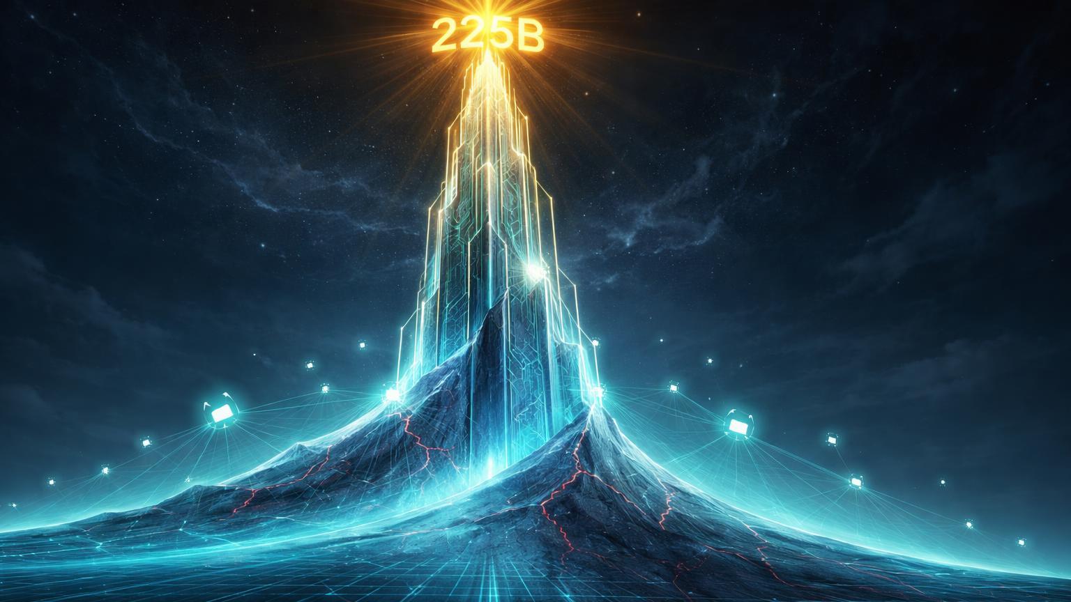 Torre cristalina com 225B no pico e base curva rasa simbolizando TVL ATH DeFi mas crescimento lento de 10% em 4 anos