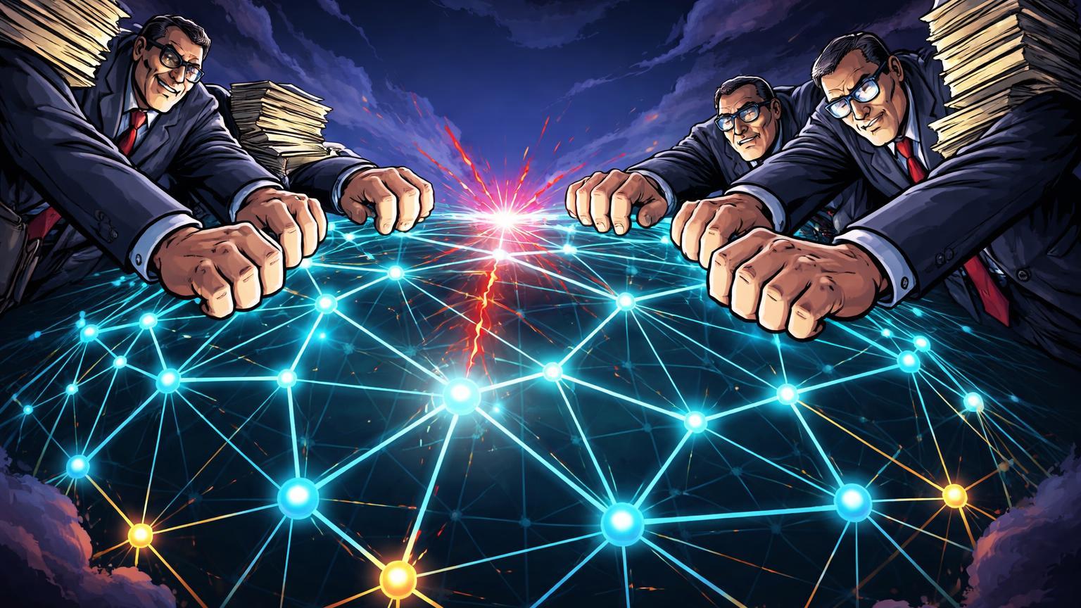 Lobistas e reguladores cartoon pressionando rede cristalina cripto rachada, simbolizando escândalo bilionário e tensão regulatória