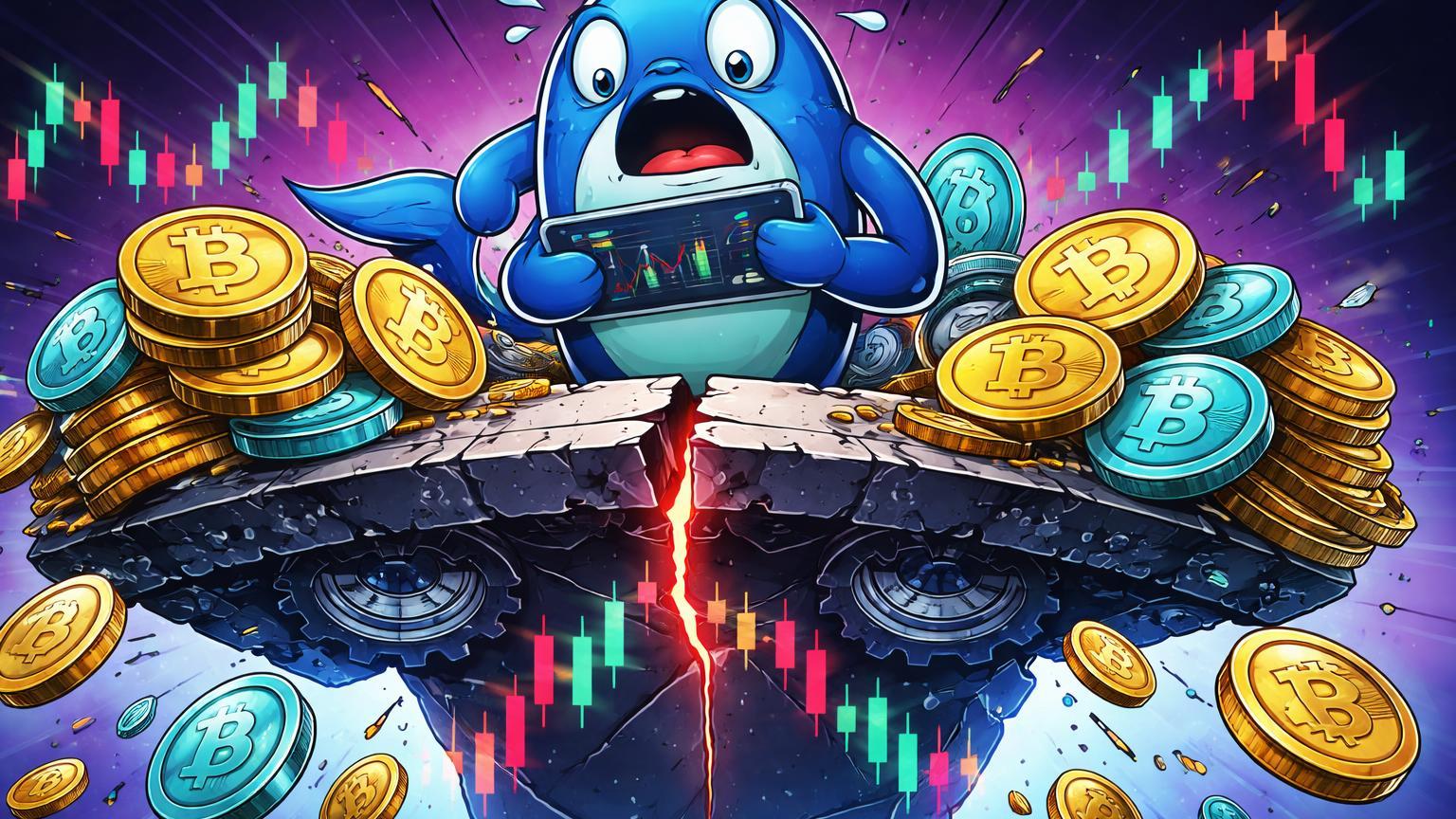 Baleia cartoon trader em plataforma colapsando sob pilhas de BTC ETH SOL XRP, ilustrando riscos de alavancagem e perda milionária