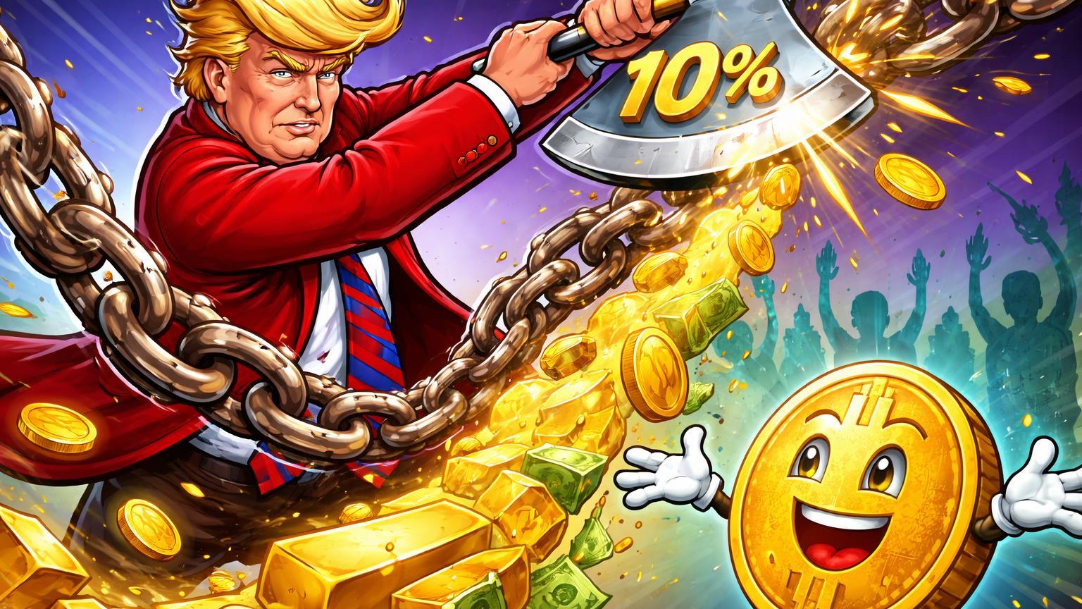 Trump cartoon cortando correntes de juros com '10%' no machado, liberando liquidez dourada para Bitcoin sorridente, simbolizando boost cripto
