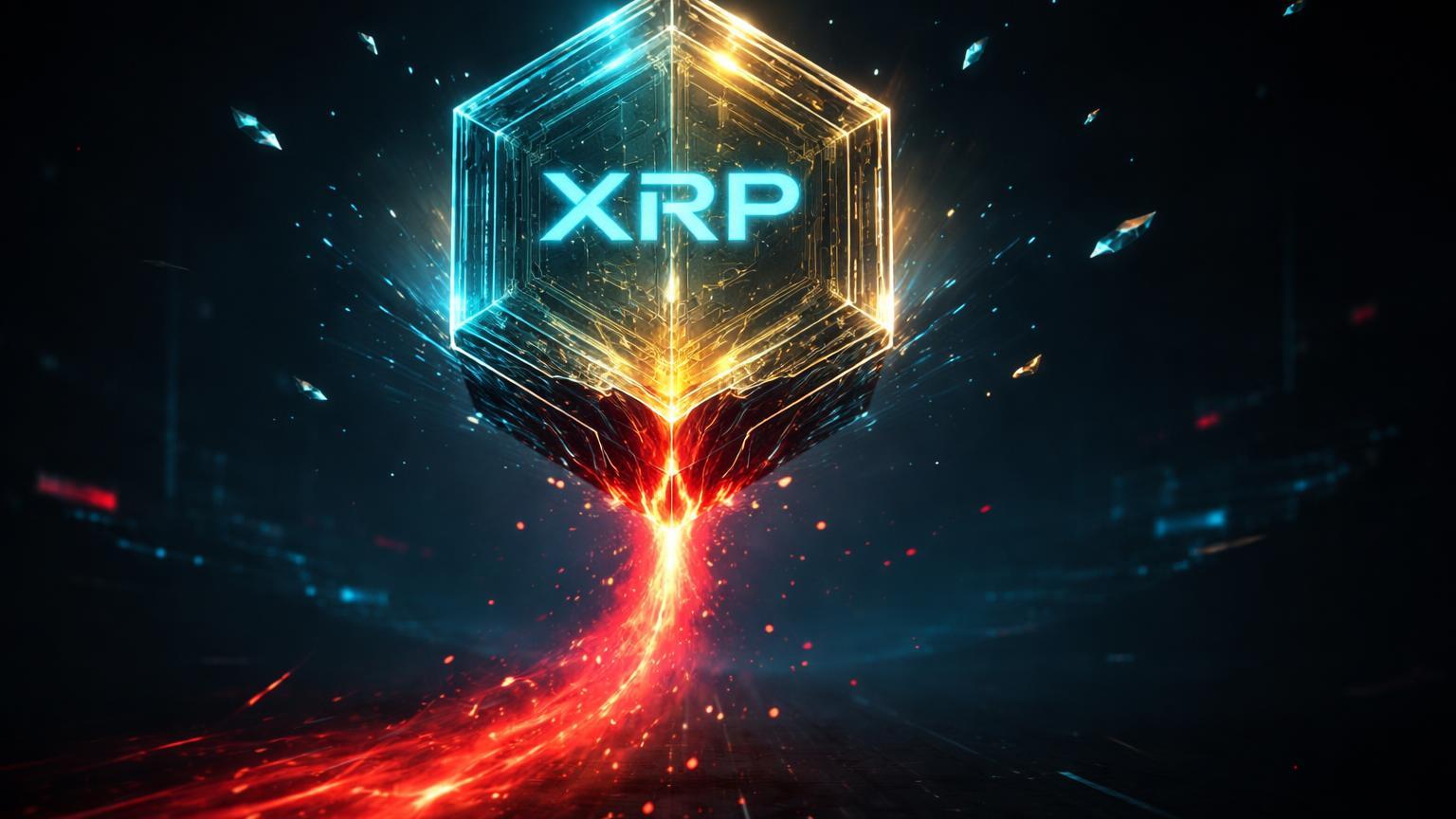 Núcleo hexagonal XRP de energia cyan com fluxo vermelho saindo por rachadura, simbolizando primeiro outflow de US$ 40 mi em ETFs