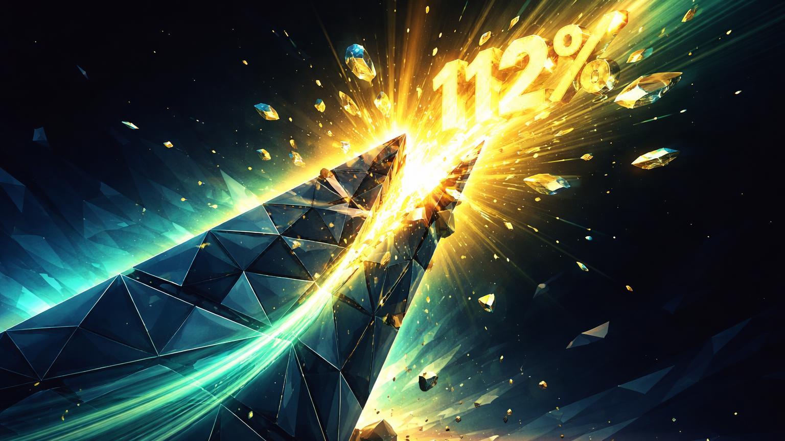 Formação low-poly de falling wedge se rompendo com explosão dourada e verde, simbolizando breakout bullish de 112% no GMT