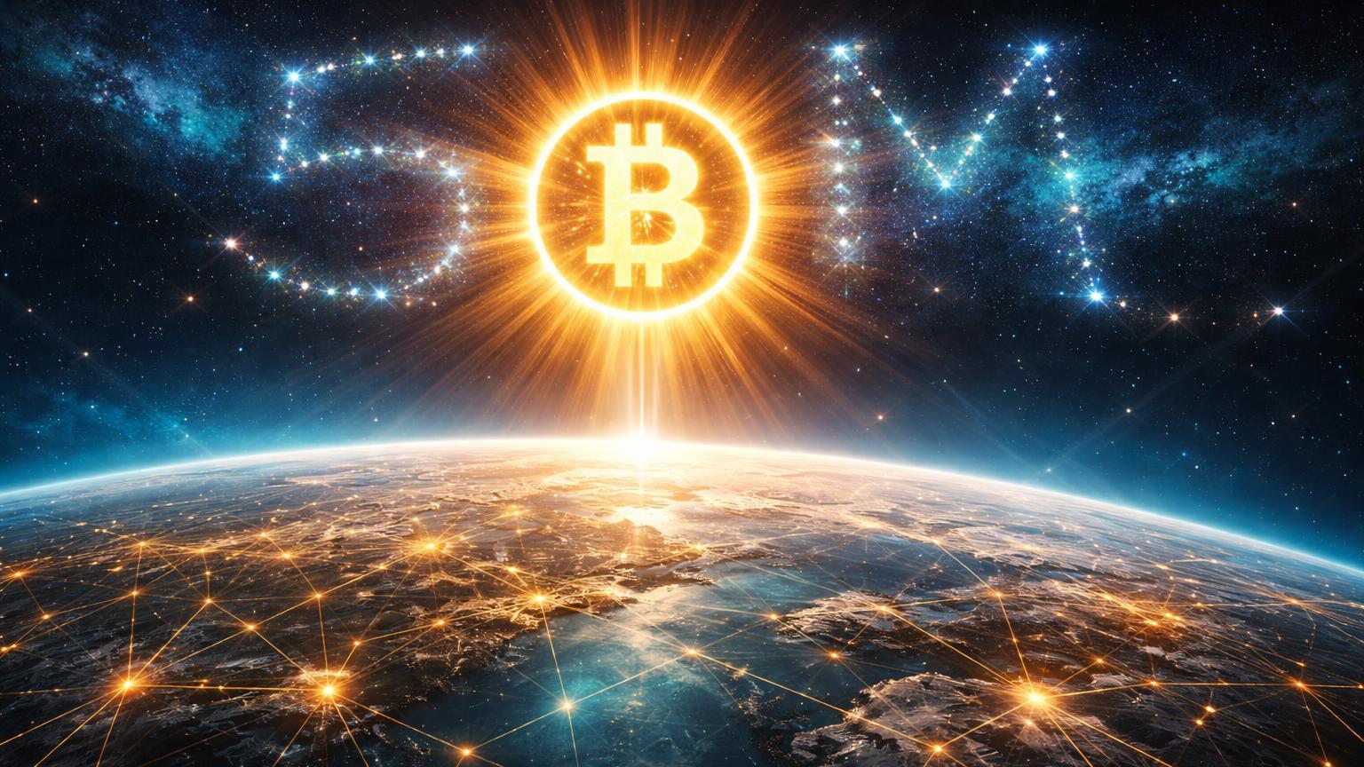 Sol dourado BTC dominando céu sobre Terra em rede blockchain com constelação 53M, simbolizando hiperbitcoinização prevista pela VanEck para 2050