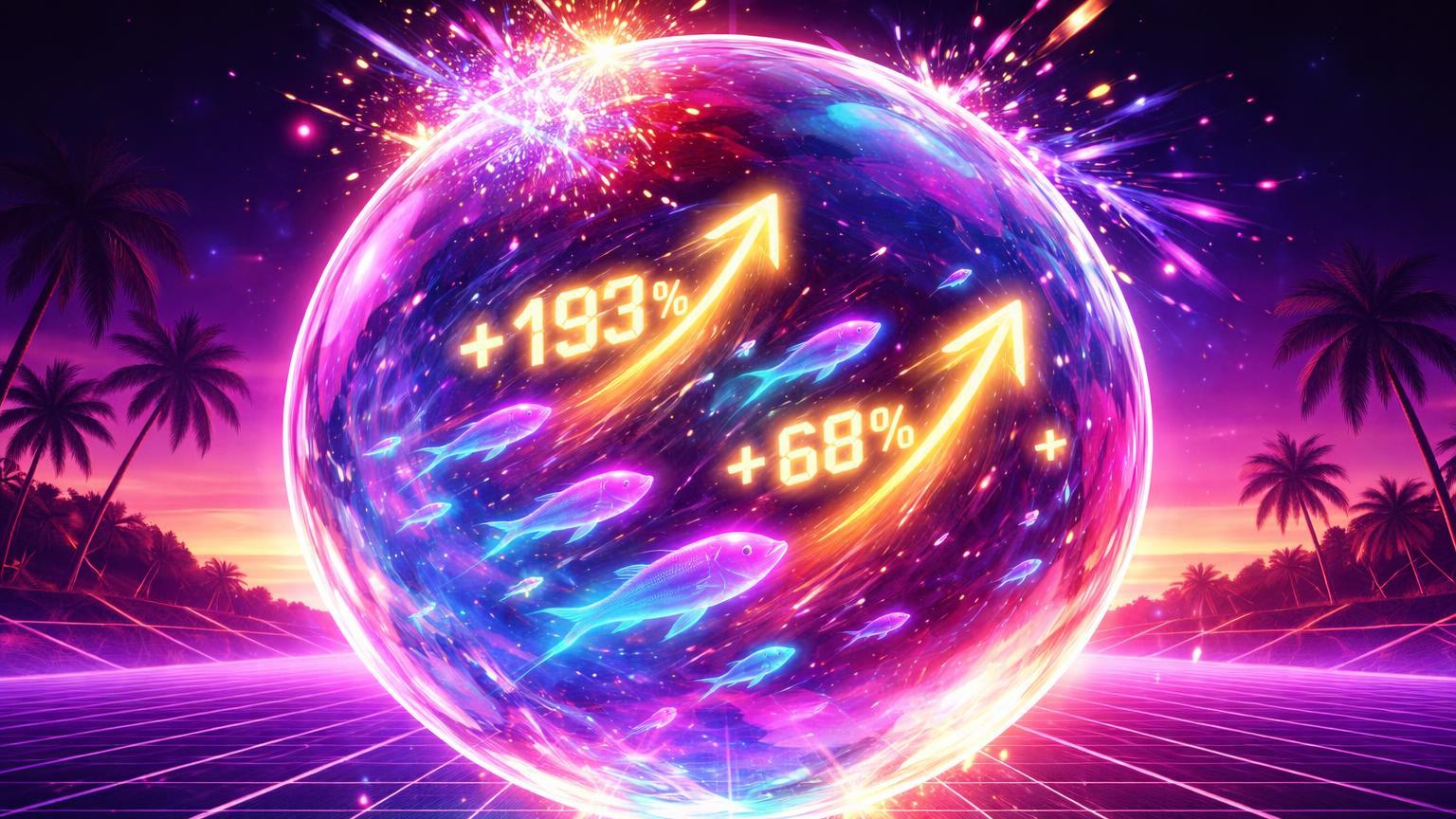 Bolha vaporwave iridescente com peixes neon e setas percentuais explosivas, simbolizando hype absurdo de meme coins FISH e 'Eu Cheguei!' em Solana