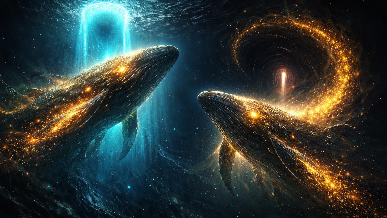 Baleias míticas ancestrais emergindo de abismo digital com auras douradas de BTC, simbolizando whales de 2010 transferindo milhões