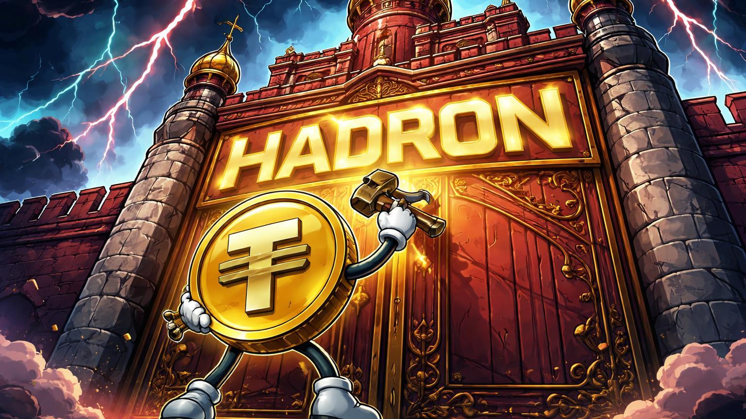 Personagem Tether cartoon pregando placa Hadron em fortaleza russa sob nuvens de sanções, simbolizando registro apesar de restrições geopolíticas