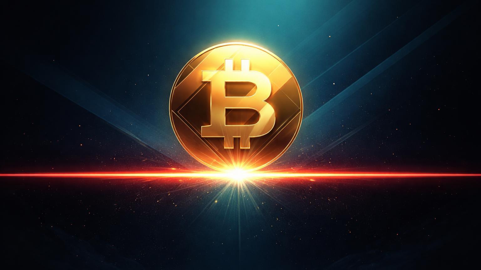 Forma geométrica dourada tocando linha vermelha de suporte em gradiente cyan, simbolizando teste da crash line do Bitcoin para possível rebound