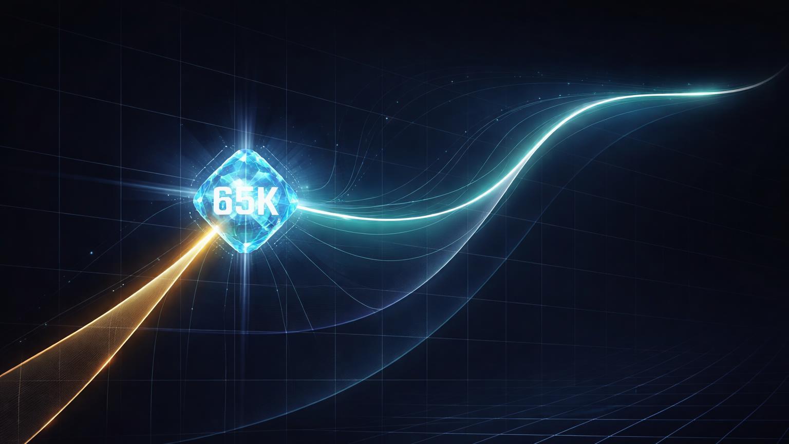 Linha geométrica dourada transicionando para curva S no nó cristalino 65K, ilustrando desvio da power law no Bitcoin segundo Fidelity