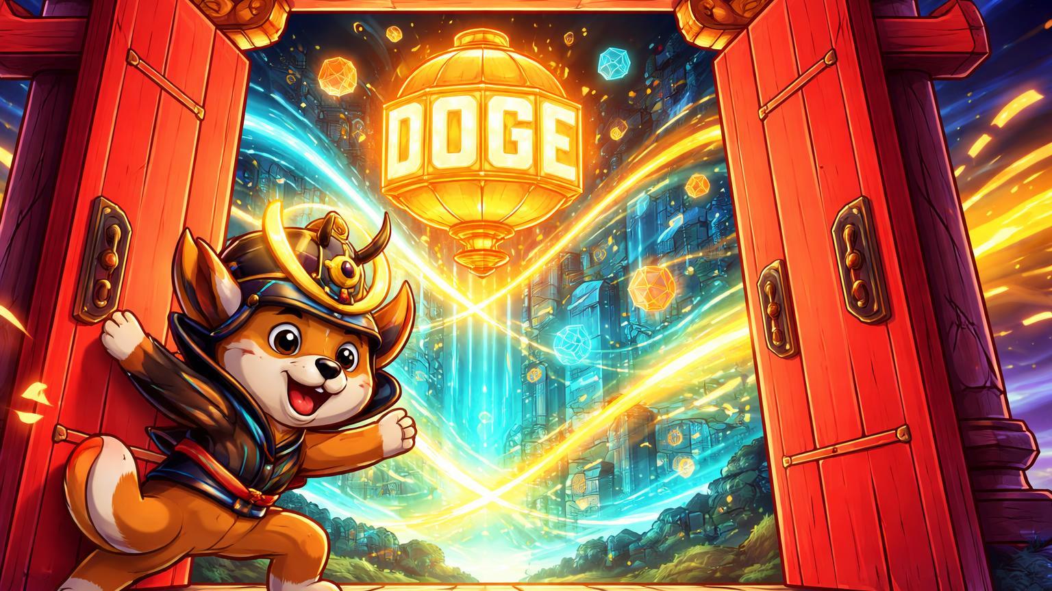 Personagem Doge cartoon abrindo portas de templo japonês para ecossistema neon cyan e dourado, simbolizando expansão bullish no Japão