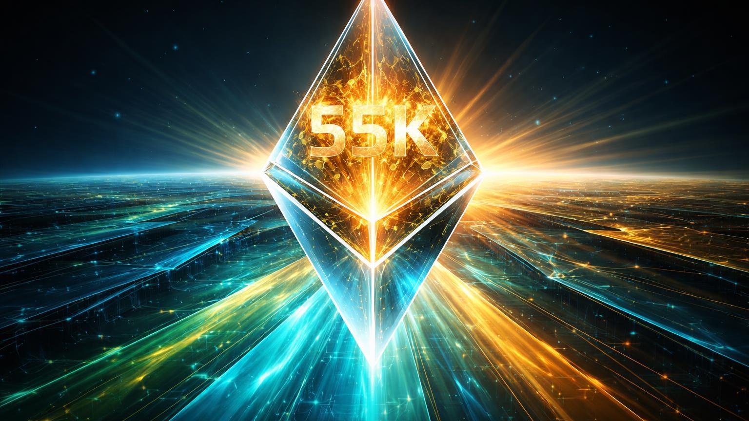 Prisma cristalino Ethereum refratando luz dourada por camadas digitais, com 55K luminoso simbolizando previsão VanEck de US$ 55 mil em 2030
