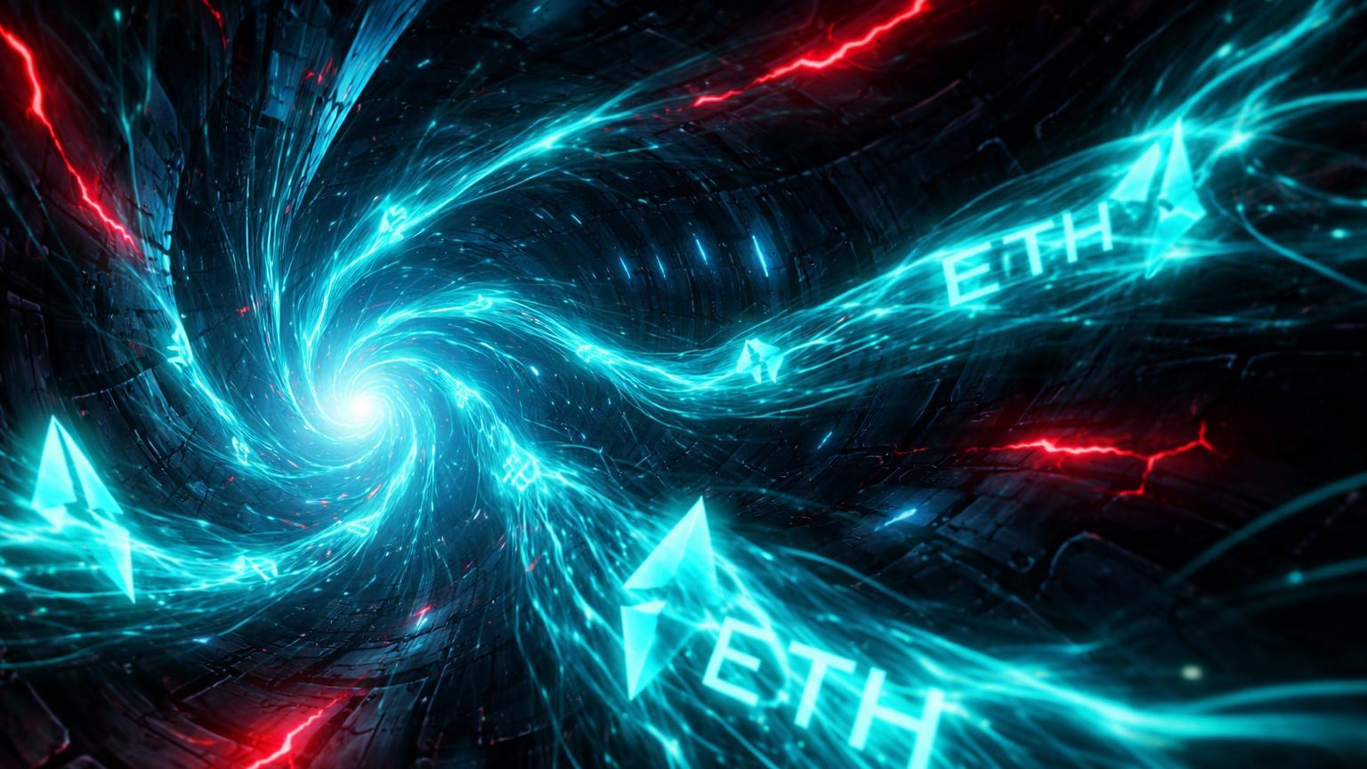 Rede de túneis cibernéticos misturando fluxos ETH cyan com rachaduras vermelhas, simbolizando volumes massivos e riscos no Tornado Cash