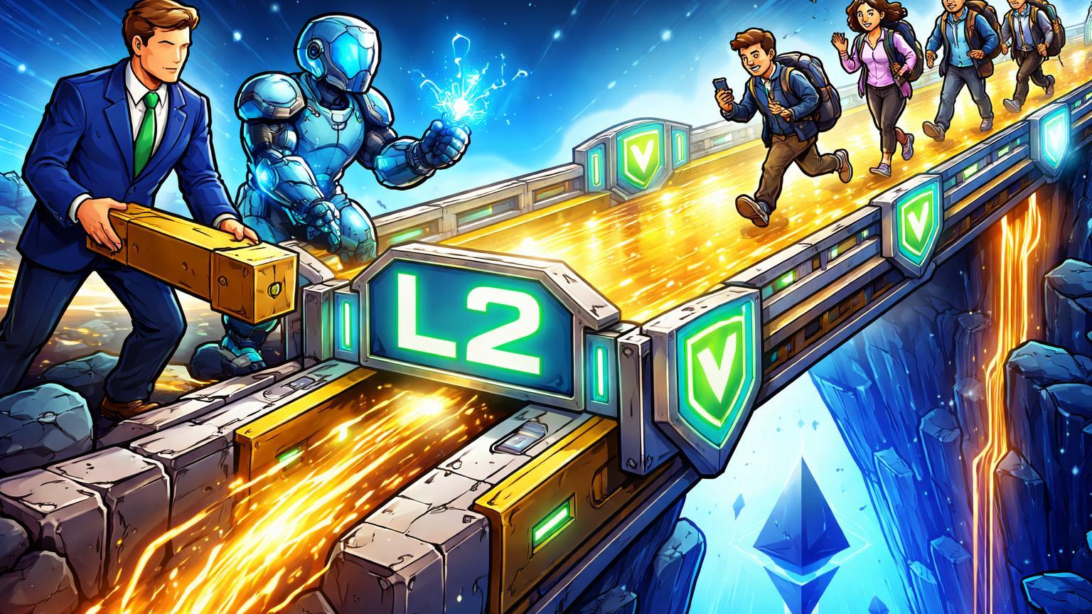 Personagens cartoon de Robinhood e Arbitrum construindo ponte L2 segura sobre Ethereum, com investidores retail cruzando para adoção e tokenização