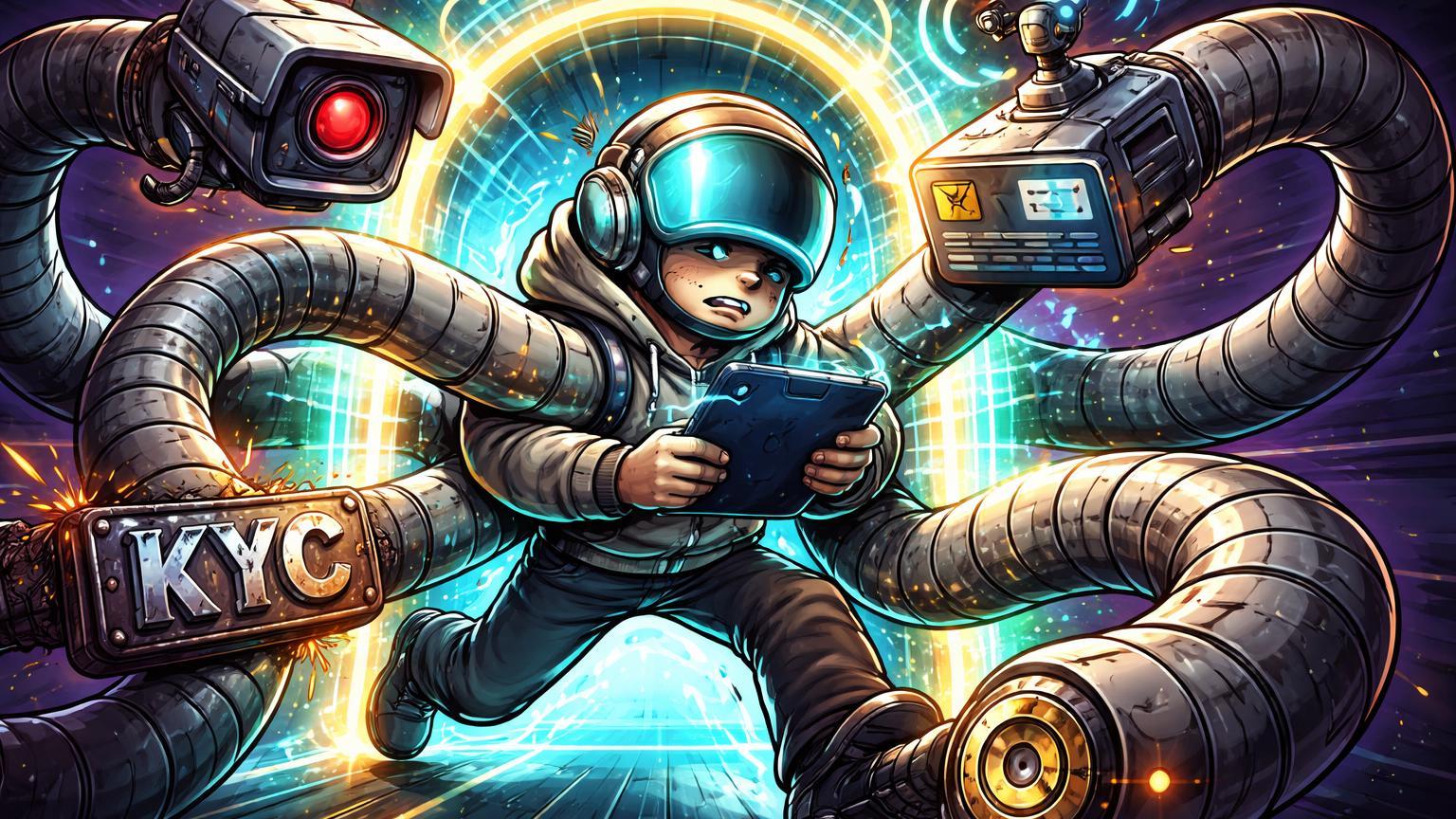 Trader cartoon enfrentando tentáculos de verificação KYC com scanners de selfie e IP, simbolizando endurecimento regulatório na Índia
