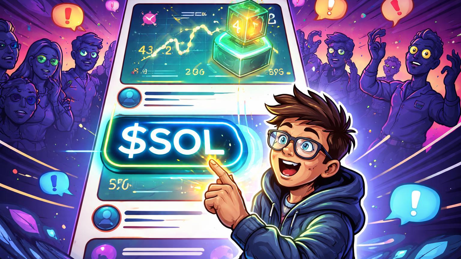 Trader cartoon ativando cashtag $SOL neon na timeline da X, projetando hologramas de preços cripto, simbolizando nova integração para traders