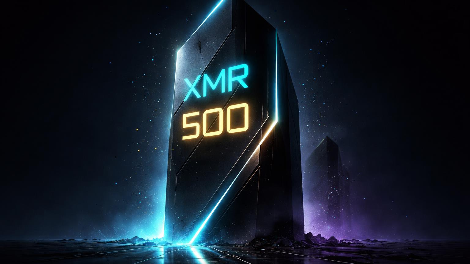 Monolito sombrio com XMR e 500 neon emergindo das sombras, simbolizando alta histórica do Monero sobre Zcash em privacy coins