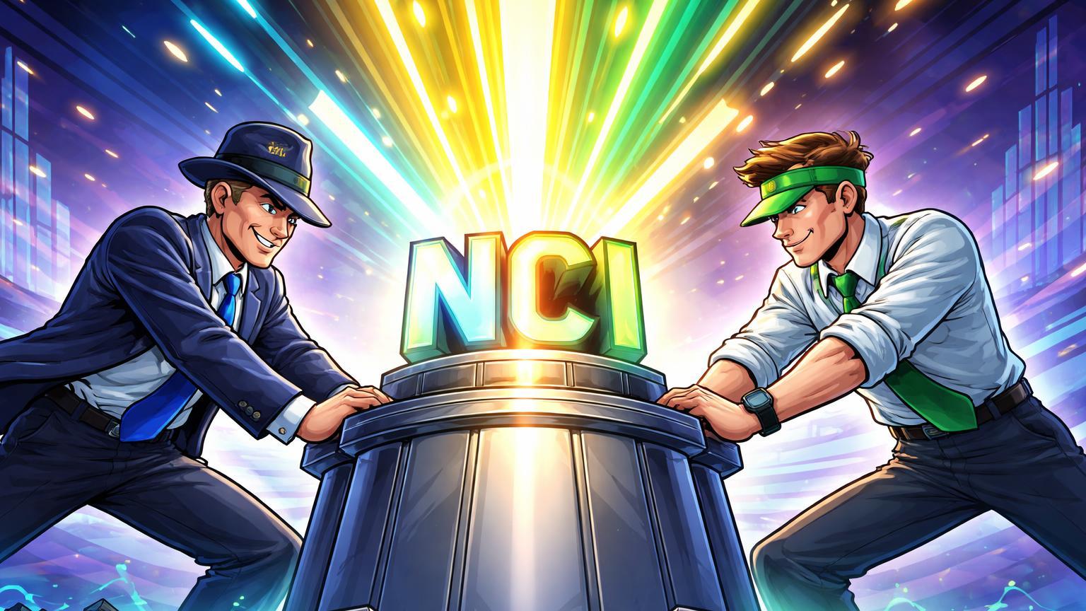 Personagens cartoon de Nasdaq e CME ativando pedestal com NCI luminoso, representando relançamento do índice cripto para institucionais