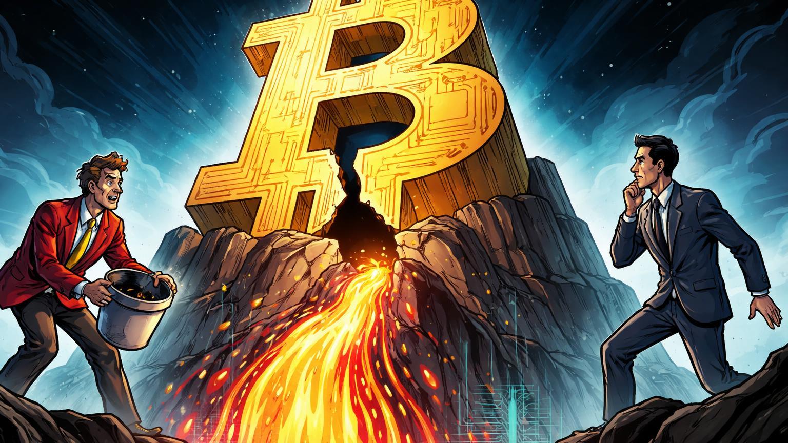 Executivos cartoon ao lado de fortaleza Bitcoin rachada com capital dourado-vermelho escorrendo, simbolizando saídas recordes de ETFs