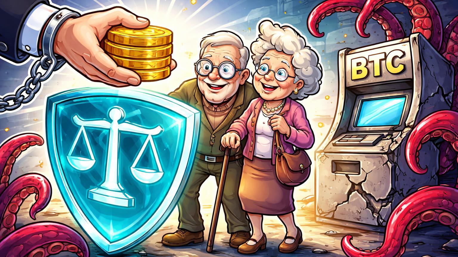 Idosos cartoon protegidos por escudo regulatório recebendo moedas douradas de mão da lei, bloqueando tentáculos de ATM Bitcoin scam em Louisiana