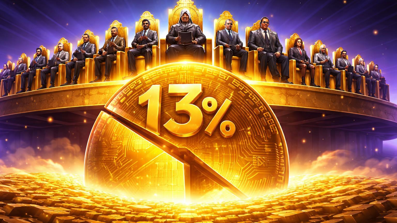 21 figuras cartoon em tronos elevados dominando fatia '13%' de esfera Bitcoin sobre planície dourada, revelando concentração de supply pelos top detentores