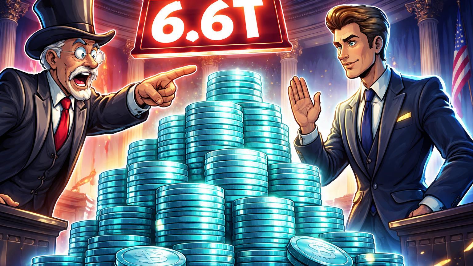 Personagens cartoon debatendo pilha de stablecoins com placa 6.6T, representando alerta regulatório da ABA contra minimização do JPM