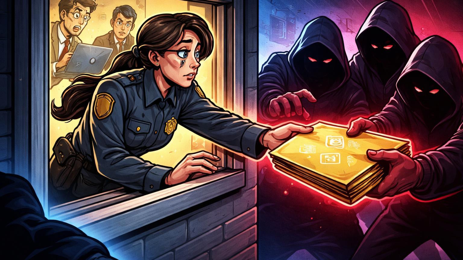 Agente cartoon da Receita vazando envelope de dados cripto para criminosos sombrios, com investidores alertas ao fundo, destacando riscos de privacidade