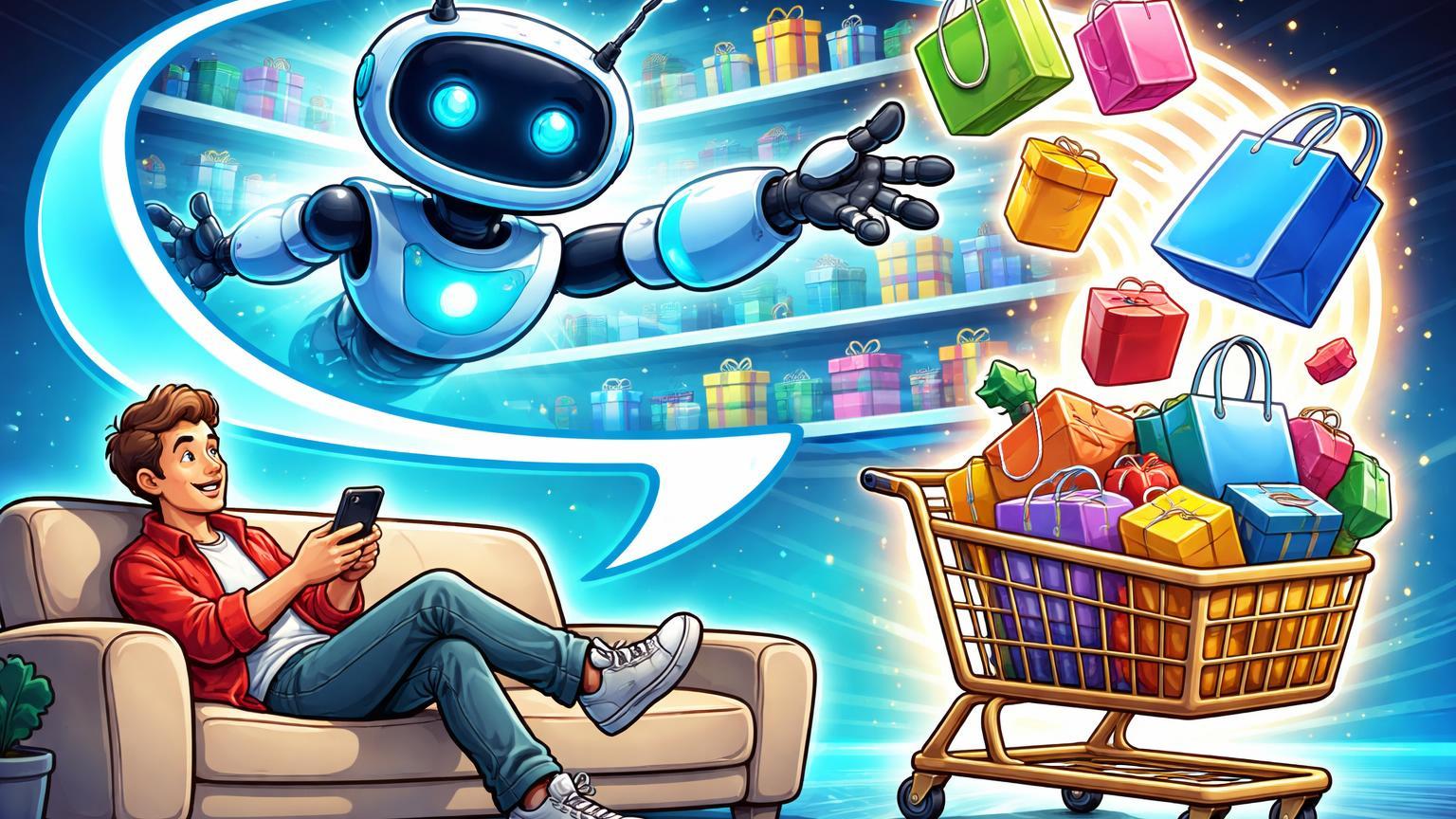Consumidor cartoon relaxado com assistente IA robô em chat bubble puxando produtos para carrinho, simbolizando compras automáticas Walmart-Google Gemini