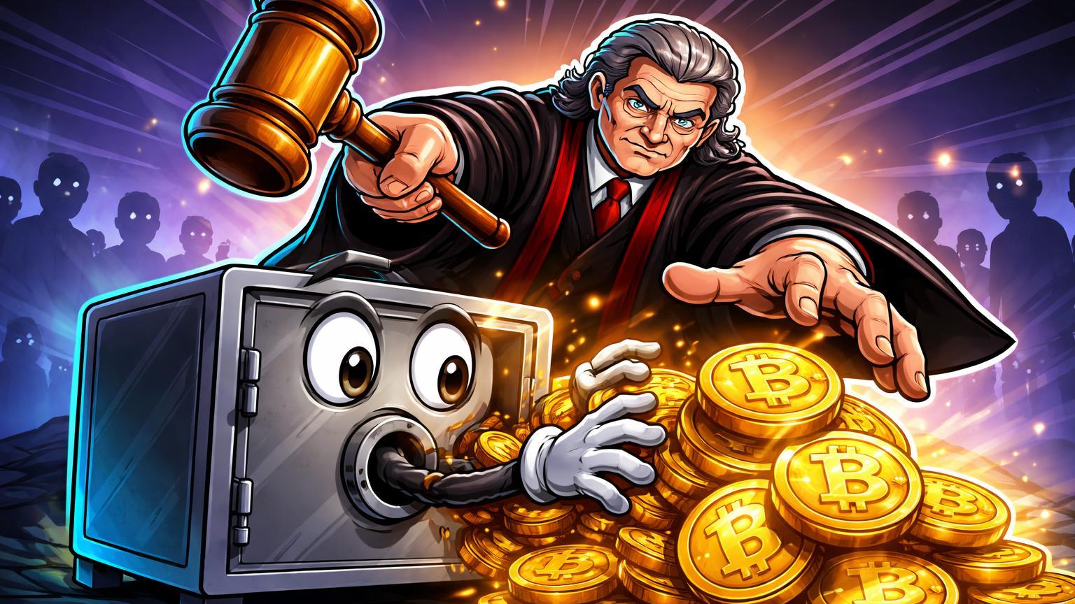 Oficial judicial cartoon apreendendo moedas Bitcoin de cofre-exchange estilizado, ilustrando riscos regulatórios na Coreia do Sul
