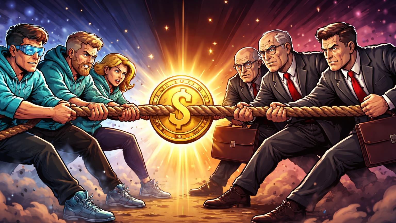 Equipes cartoon de tech e reguladores em cabo de guerra por stablecoin dourada, simbolizando tensão da Coinbase com CLARITY Act