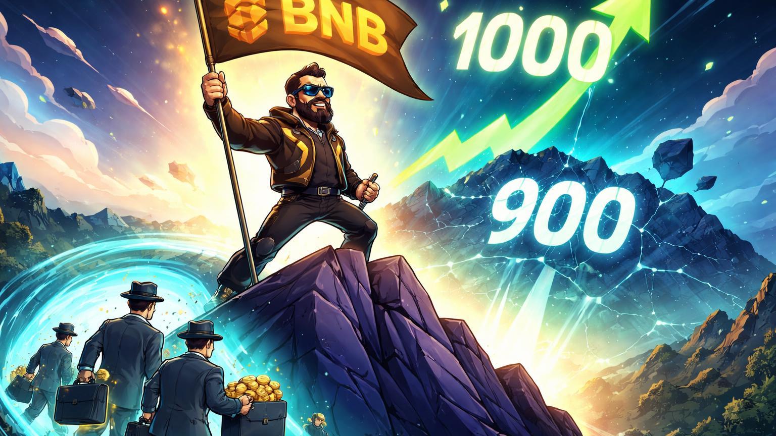 CZ cartoon triunfante com bandeira BNB quebrando barreira 900 rumo a 1000, banqueiros entrando via portal ETF, simbolizando super ciclo cripto