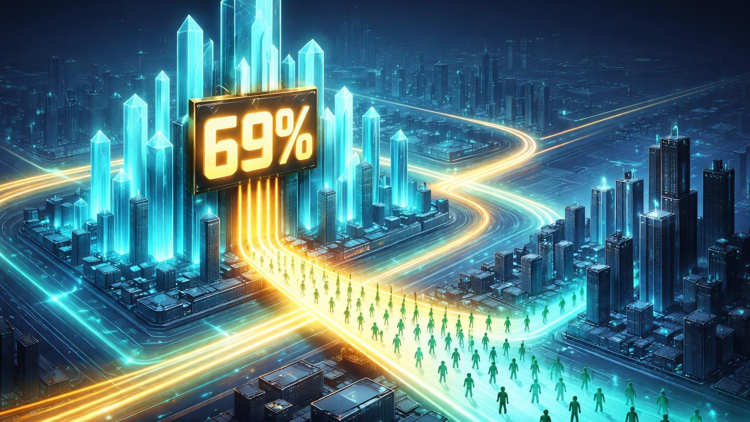 Metrópole isométrica DeFi com torre exibindo 69% dominando fluxo de traders geométricos migrando de CEX cinzenta, simbolizando liderança da Hyperliquid em perpétuos DEX