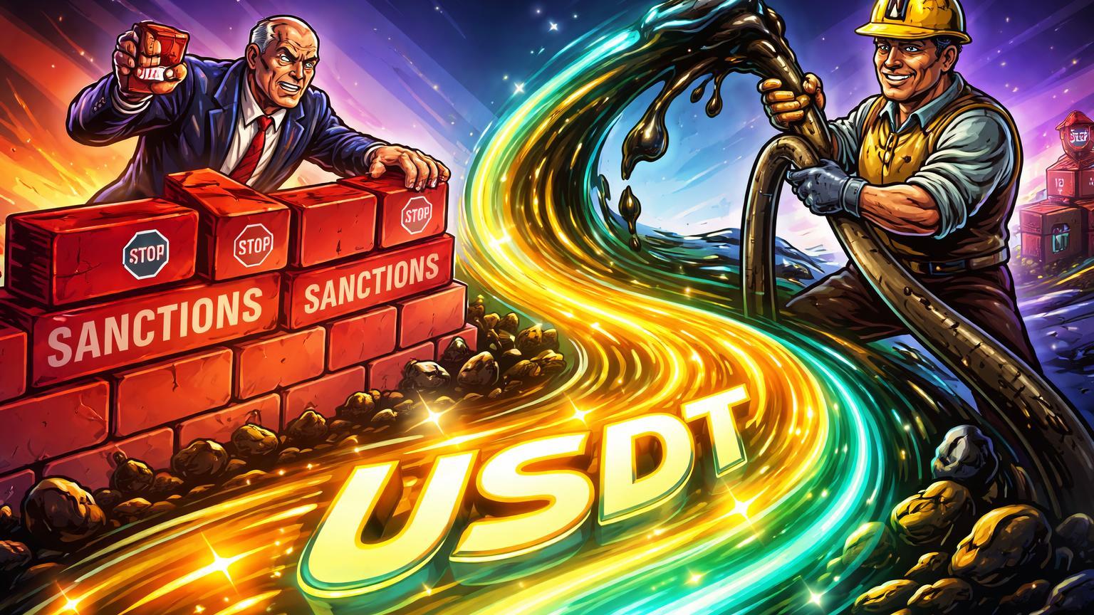 Personagens cartoon EUA e Venezuela com rio USDT contornando muro de sanções, simbolizando uso de stablecoins no petróleo venezuelano