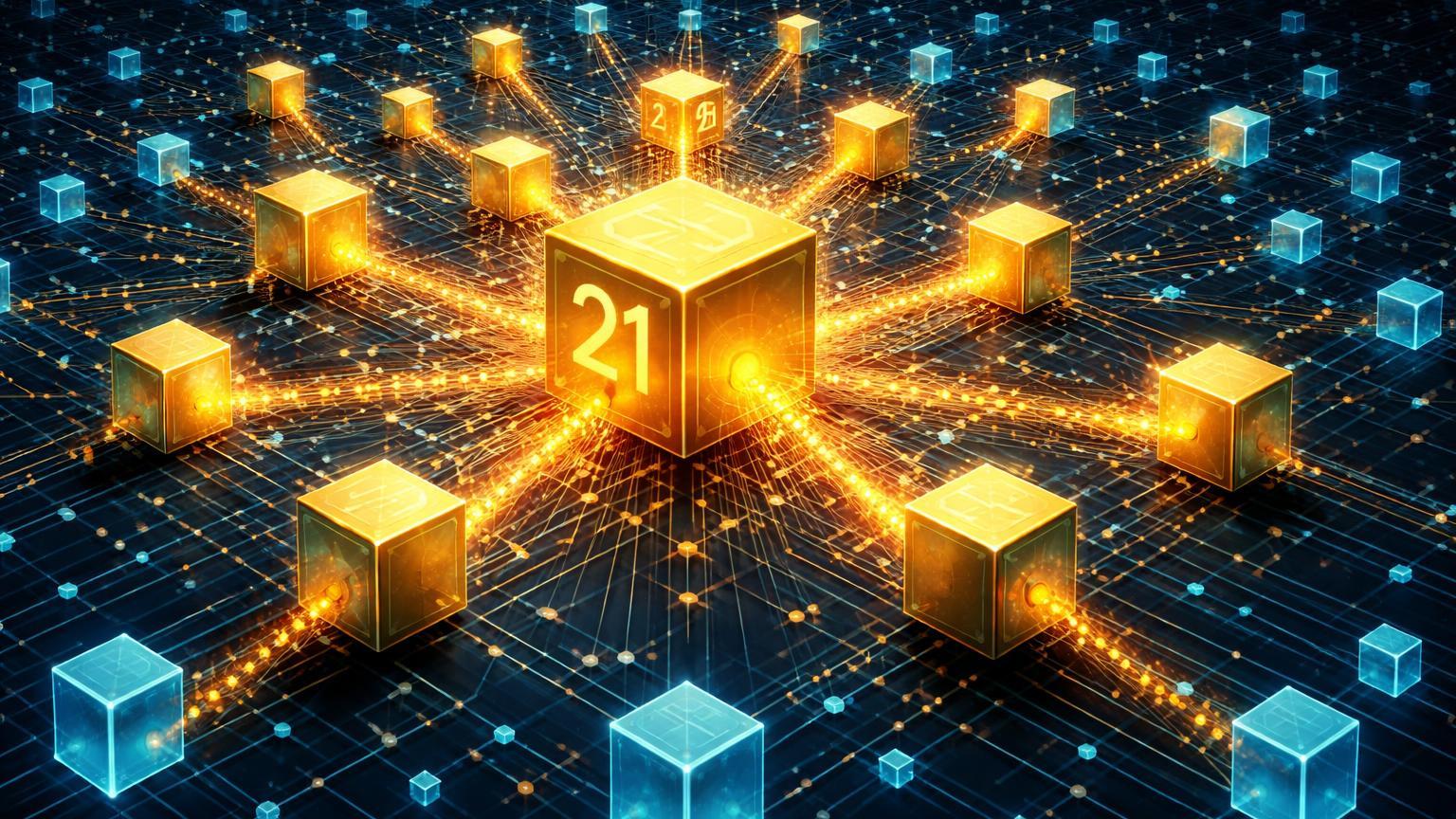 Rede blockchain isométrica com 21 nós dourados gigantes dominando fluxo de partículas BTC, simbolizando concentração de 13% em grandes detentores