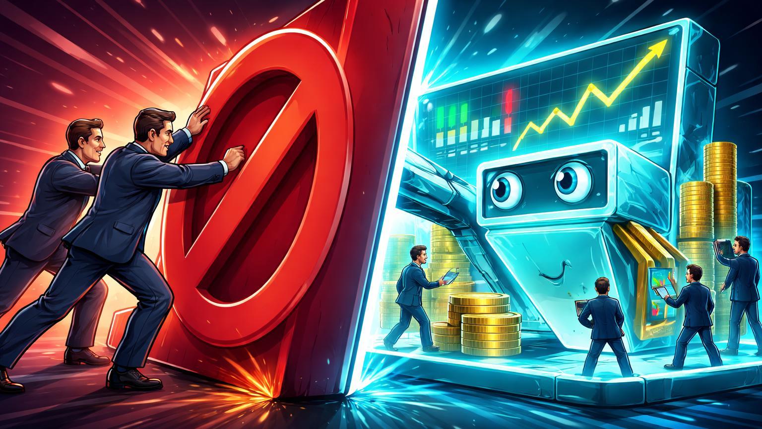 Deputados cartoon empurrando barreira vermelha contra plataforma digital de previsões cyan, simbolizando proibição regulatória em Polymarket nos EUA