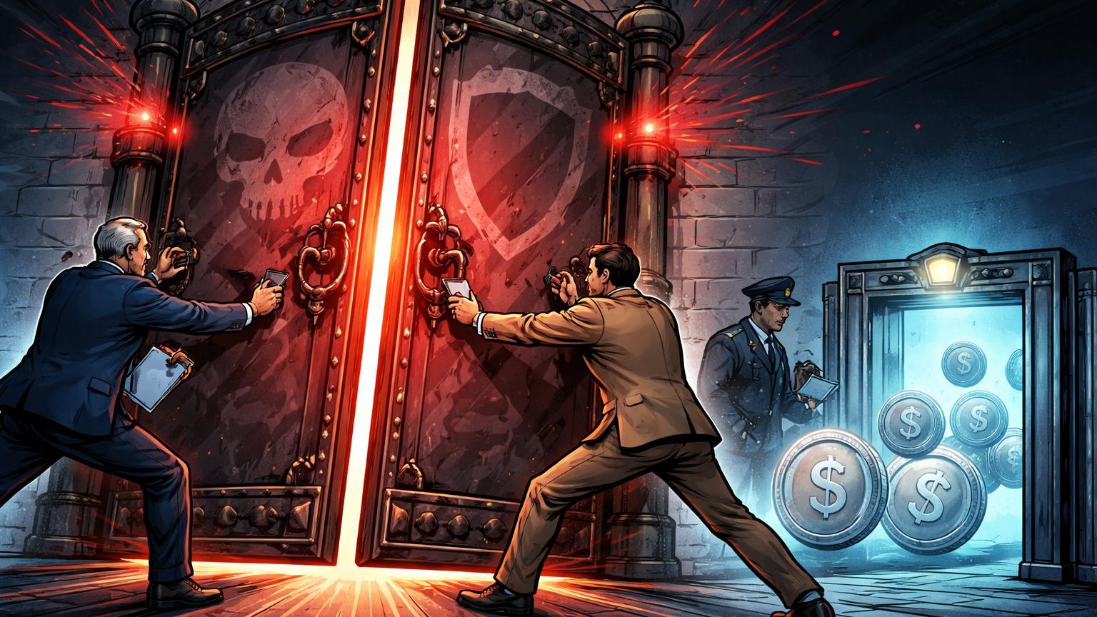 Reguladores cartoon fechando portas para silhuetas de privacy coins enquanto inspecionam stablecoins, ilustrando proibição em Dubai