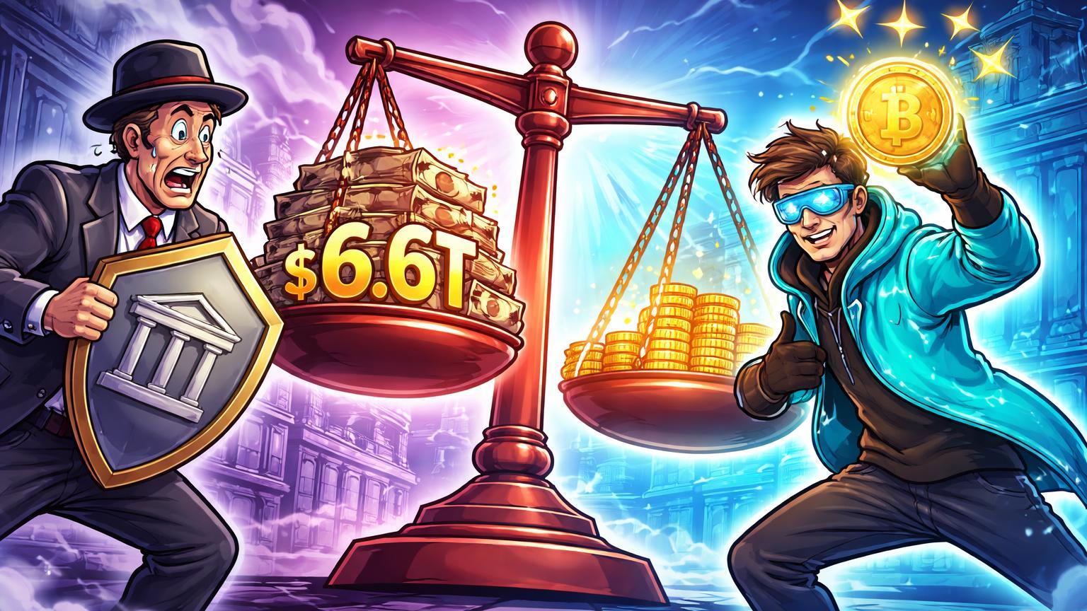 Banqueiro cartoon alarmado versus inovador crypto confiante em balança desequilibrada com $6.6T migrando para stablecoins, ilustrando embate sistêmico