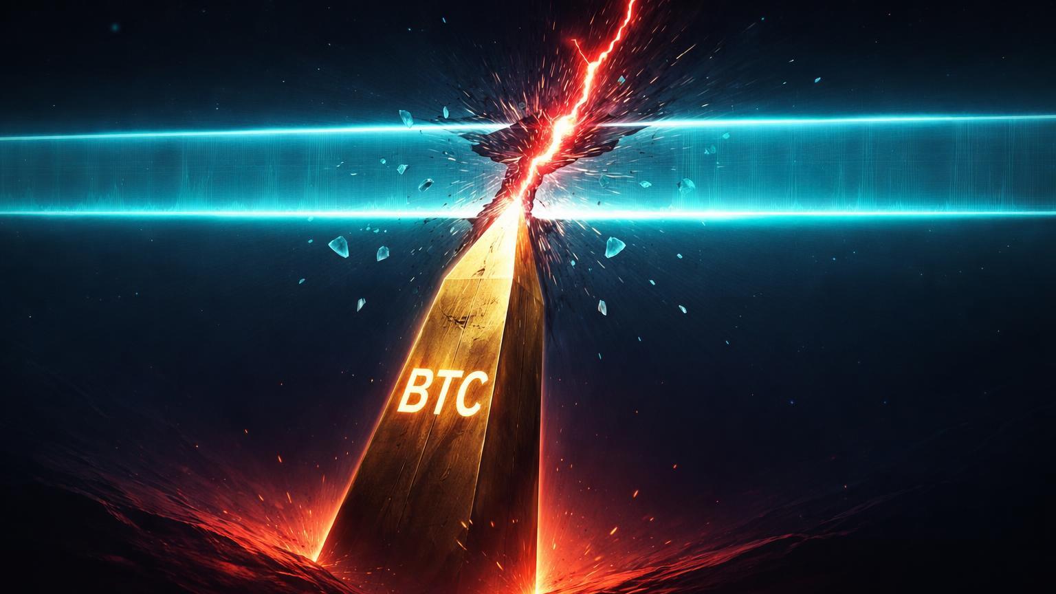 Monolito BTC dourado pressionando barreira cyan rachada com luz vermelha, simbolizando quebra da média móvel de 50 semanas e risco de correção no Bitcoin