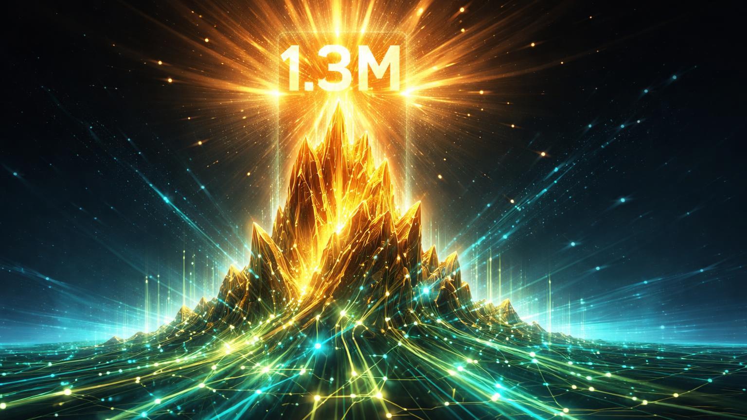 Pico cristalino dourado com 1.3M gravado no topo sobre rede DeFi cyan, celebrando recorde de receita da Binance Smart Chain