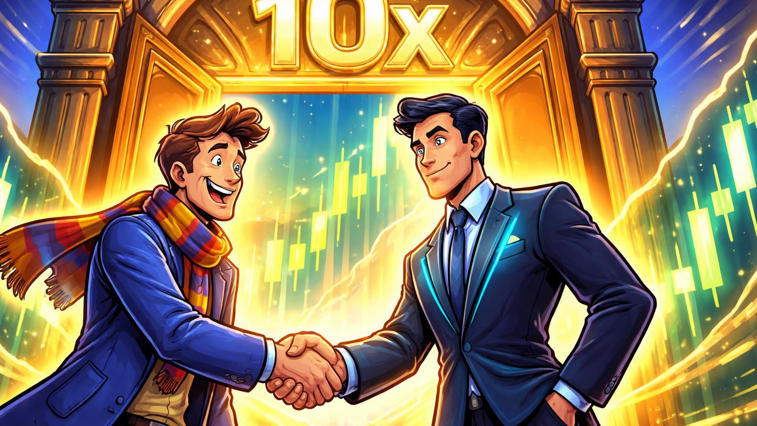 Personagens cartoon de trader europeu e representante Coinbase apertando mãos diante de porta abrindo com 10x, simbolizando expansão de derivativos na Europa