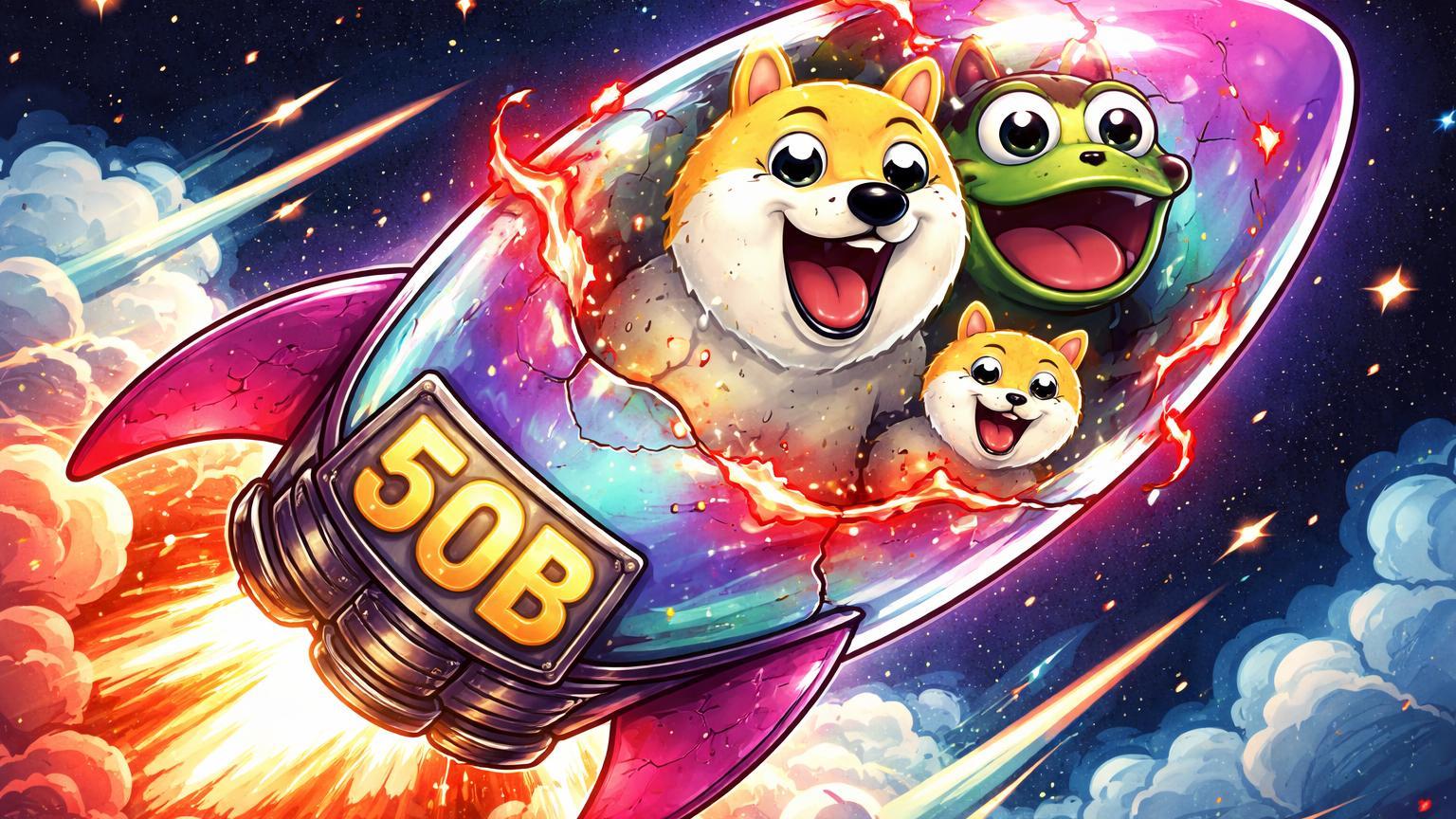 Foguete bolha cartoon com DOGE, PEPE e SHIB dentro, rachaduras vermelhas emitindo vapor, simbolizando hype e risco de memecoins em US$50Bi