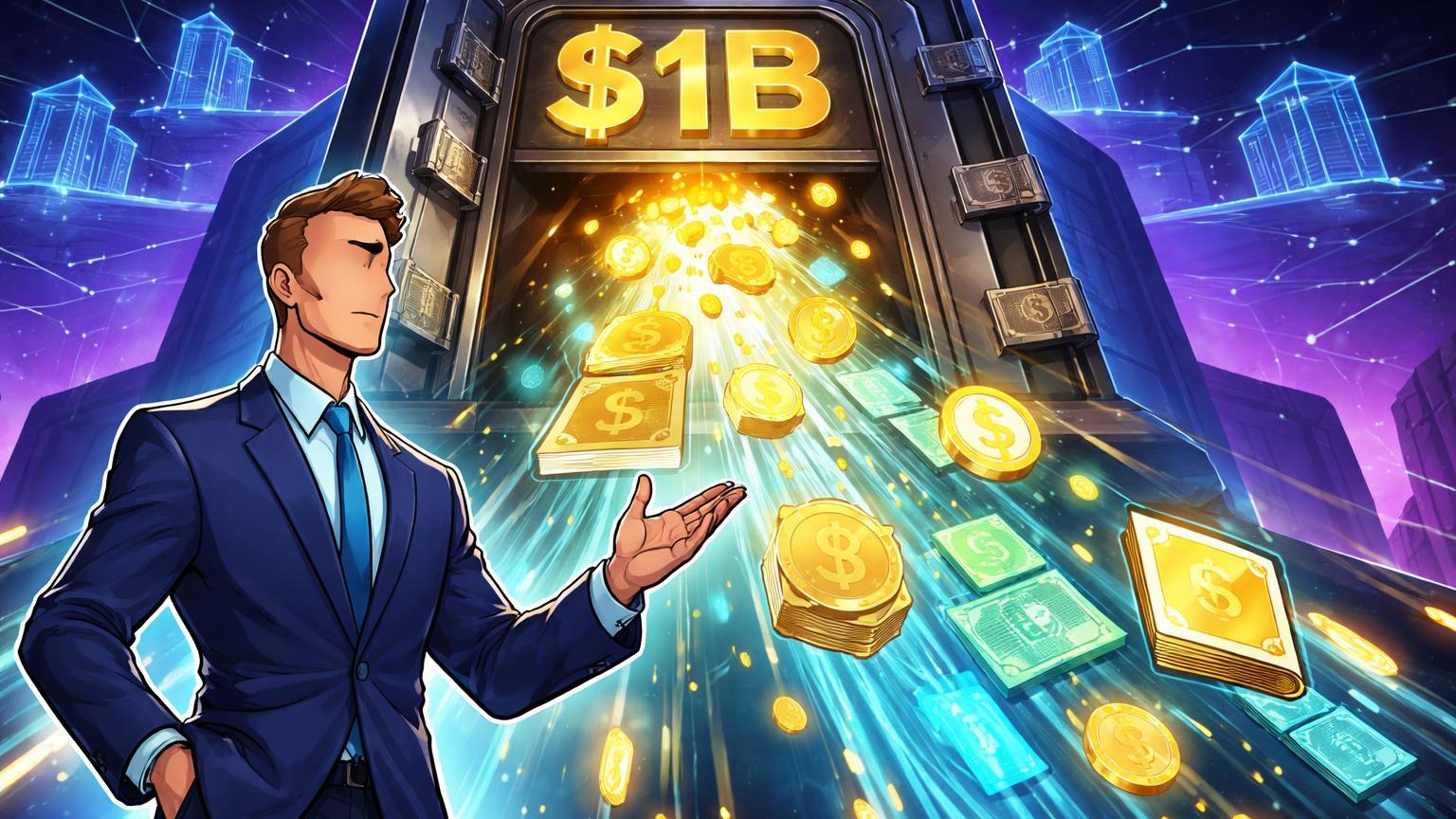 Executivo cartoon abrindo caixa forte liberando ações tokenizadas luminosas com '$1B' gravado, simbolizando crescimento e adoção institucional