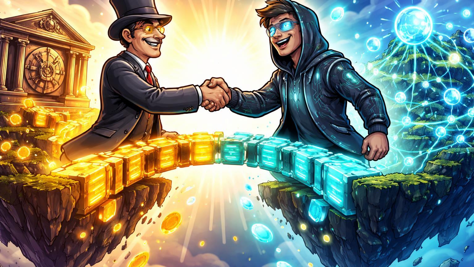 Personagens cartoon de banqueiro tradicional e dev DeFi apertando mãos sobre ponte blockchain, simbolizando tokenização de depósitos pelo BNY Mellon