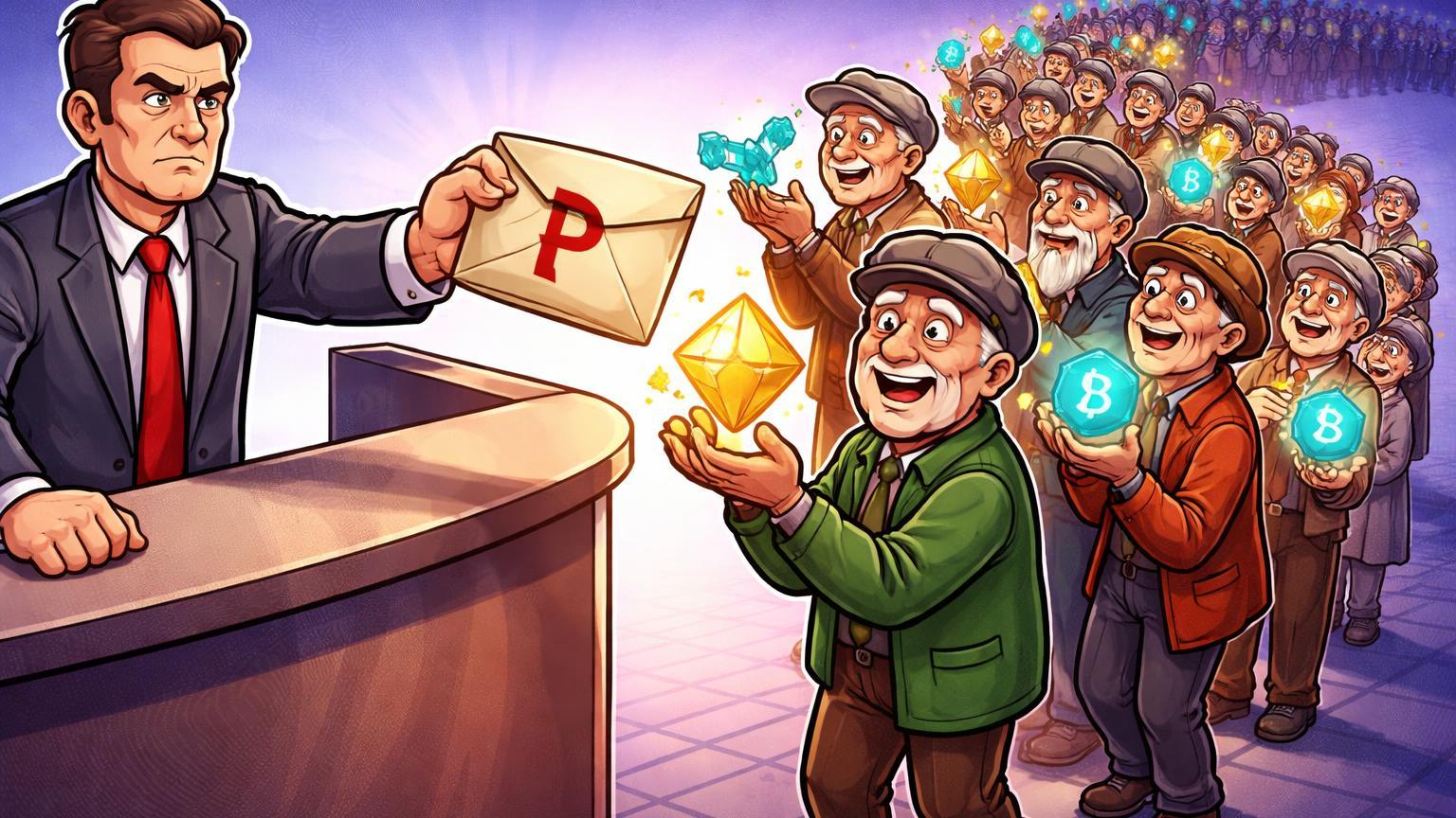 Cidadãos cartoon em fila na hotline pedindo pensões em cripto, mas atendente governamental entrega envelope de rublos, satirizando recusa russa